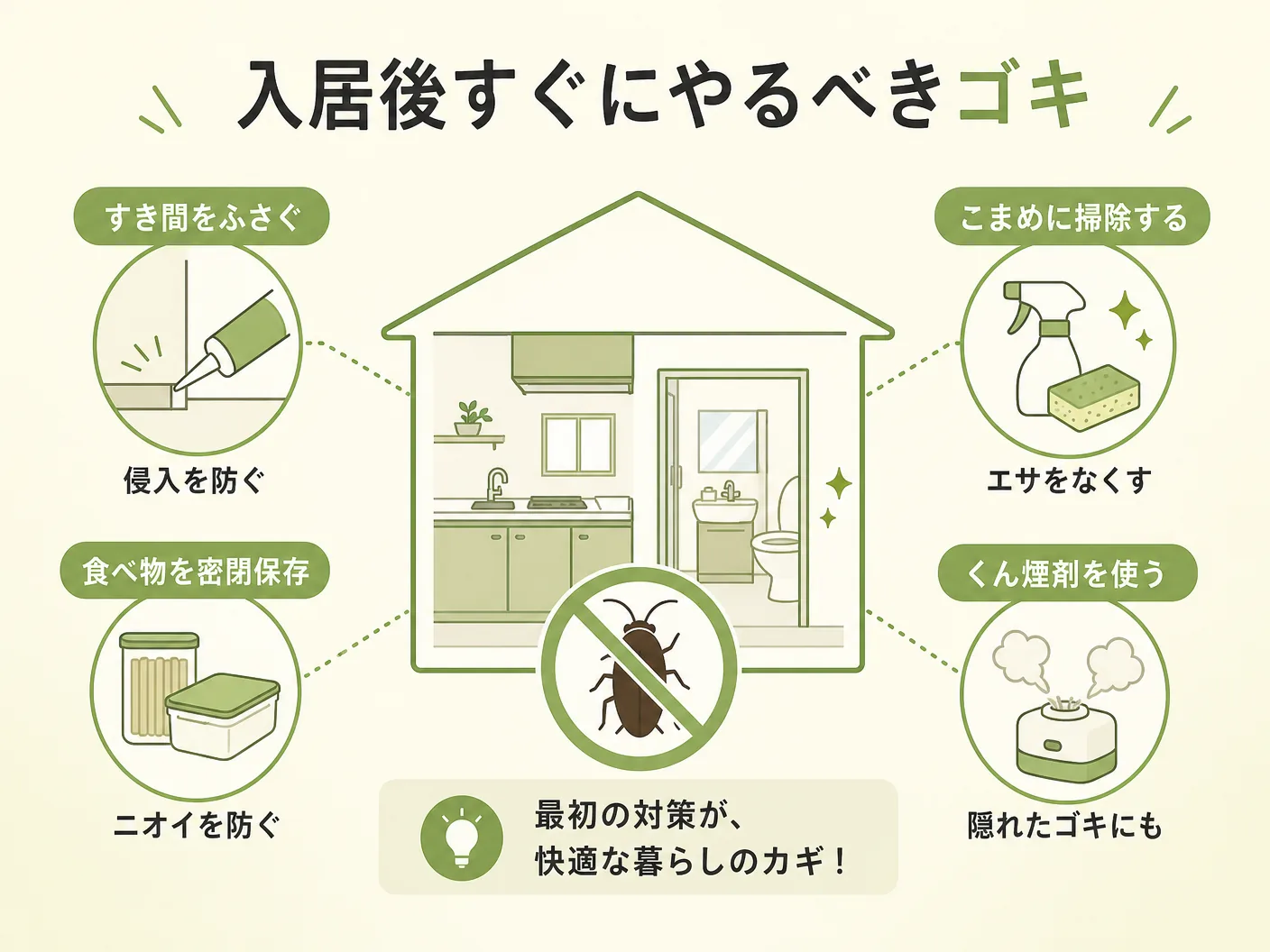 新築住宅の入居後すぐにやるべきゴキブリ対策を表す図解イラスト