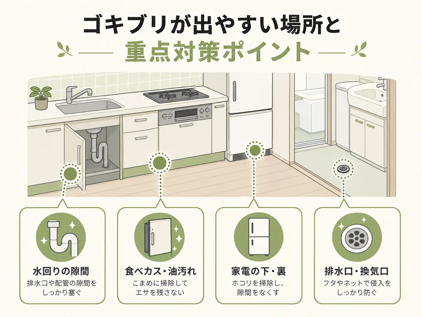 新築住宅のゴキブリが出やすい場所と重点対策ポイントを表す図解イラスト