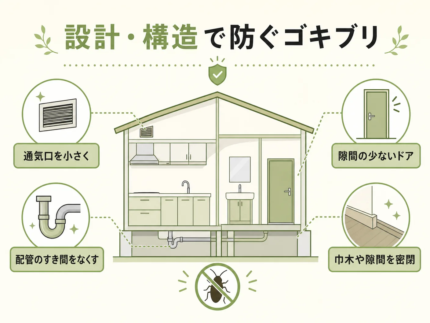新築住宅の設計・構造で防ぐゴキブリ対策を表す図解イラスト
