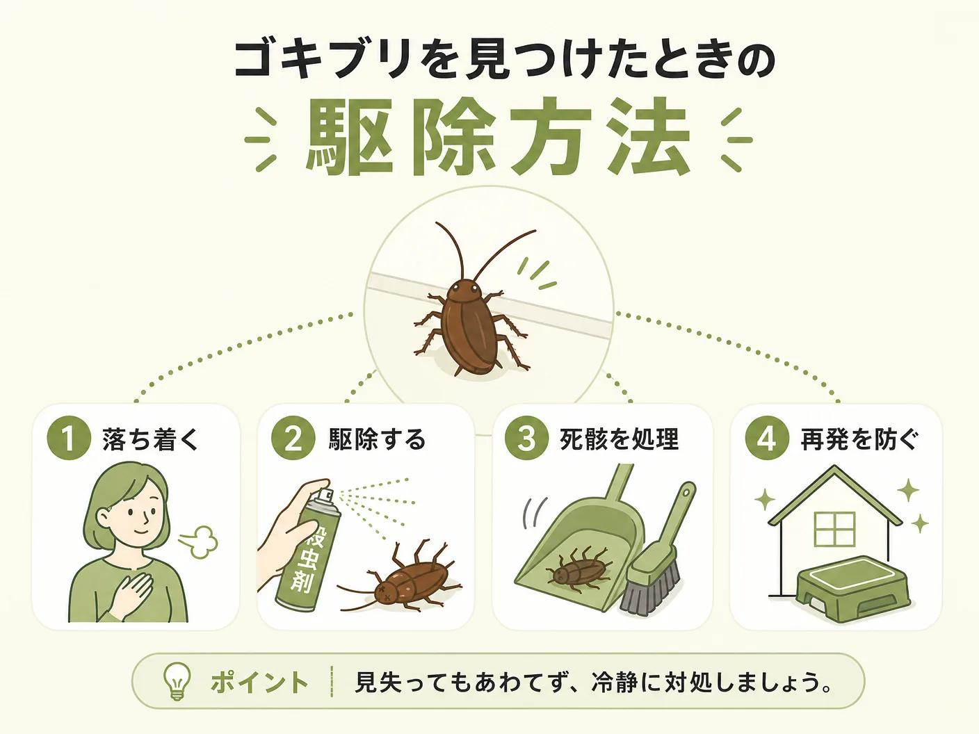 新築住宅 対策のゴキブリを見つけたときの駆除方法を表す図解イラスト