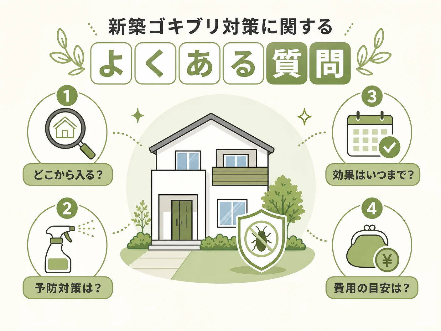 新築住宅の新築ゴキブリ対策に関するよくある質問を表す図解イラスト