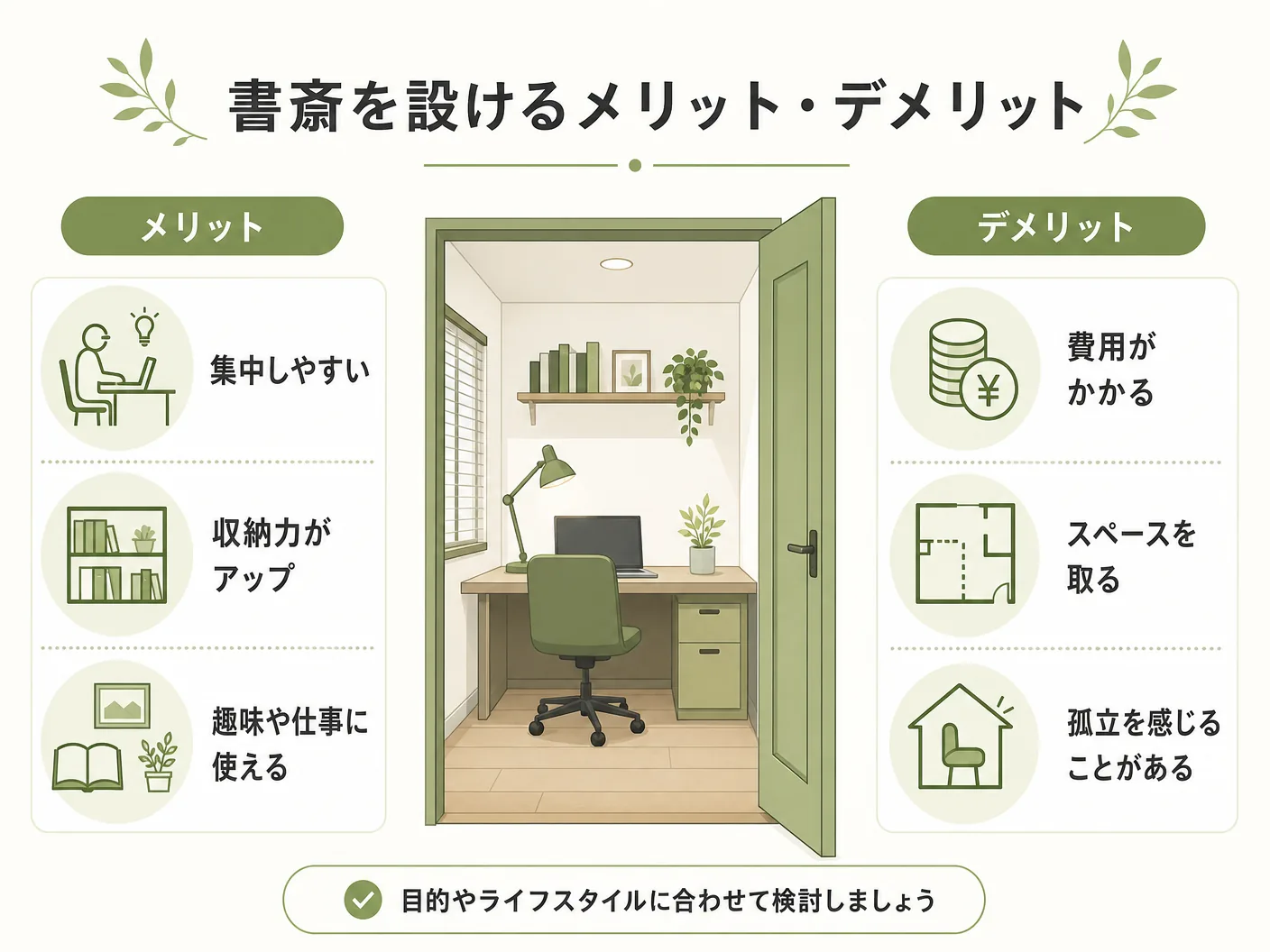 間取り 注意点の書斎を設けるメリット・デメリットを表す図解イラスト