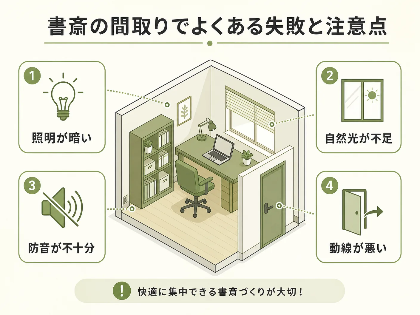 書斎の間取りでよくある失敗と注意点を表す図解イラスト