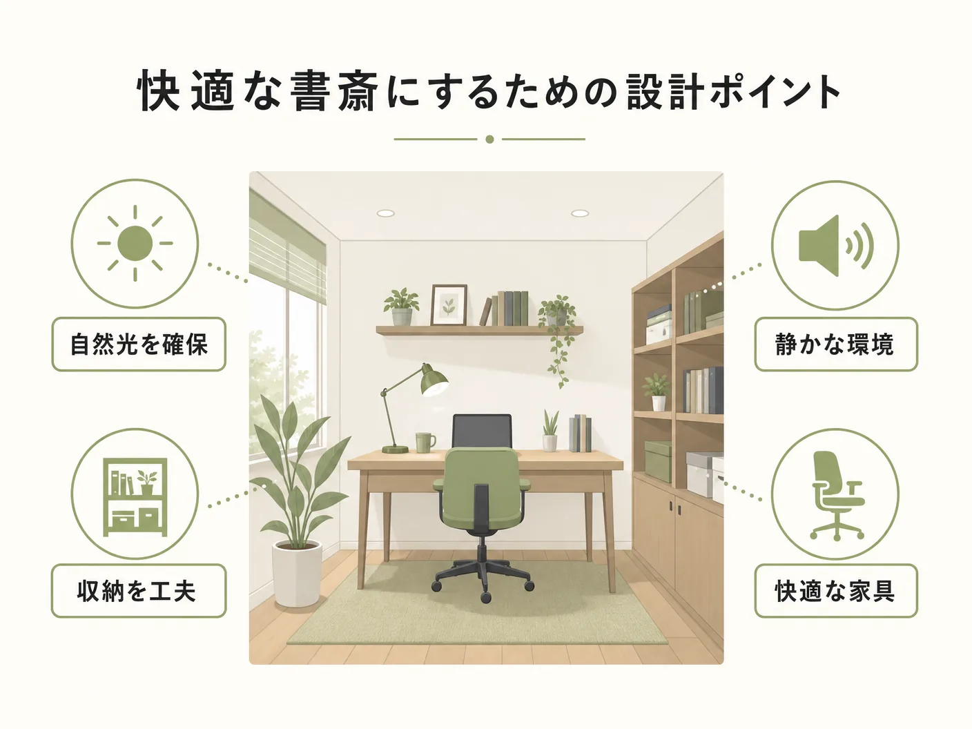 間取り 注意点の快適な書斎にするための設計ポイントを表す図解イラスト