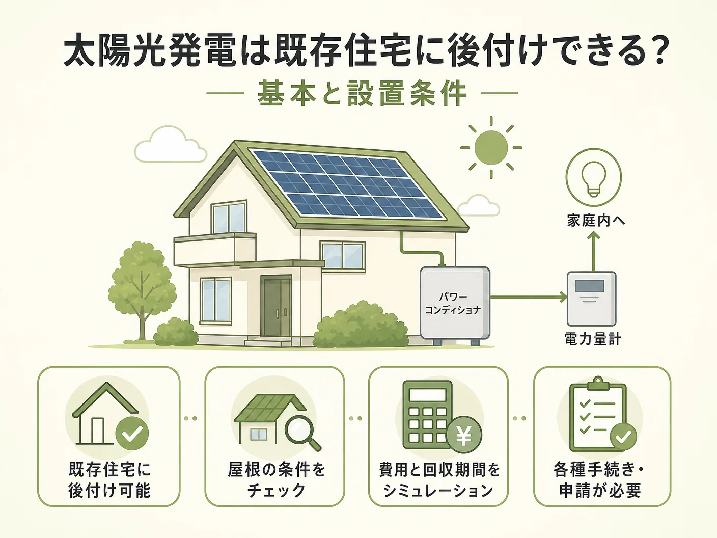 太陽光発電は既存住宅に後付けできる？基本と設置条件を表す図解イラスト