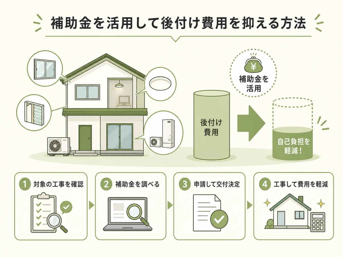 太陽光発電の補助金を活用して後付け費用を抑える方法を表す図解イラスト