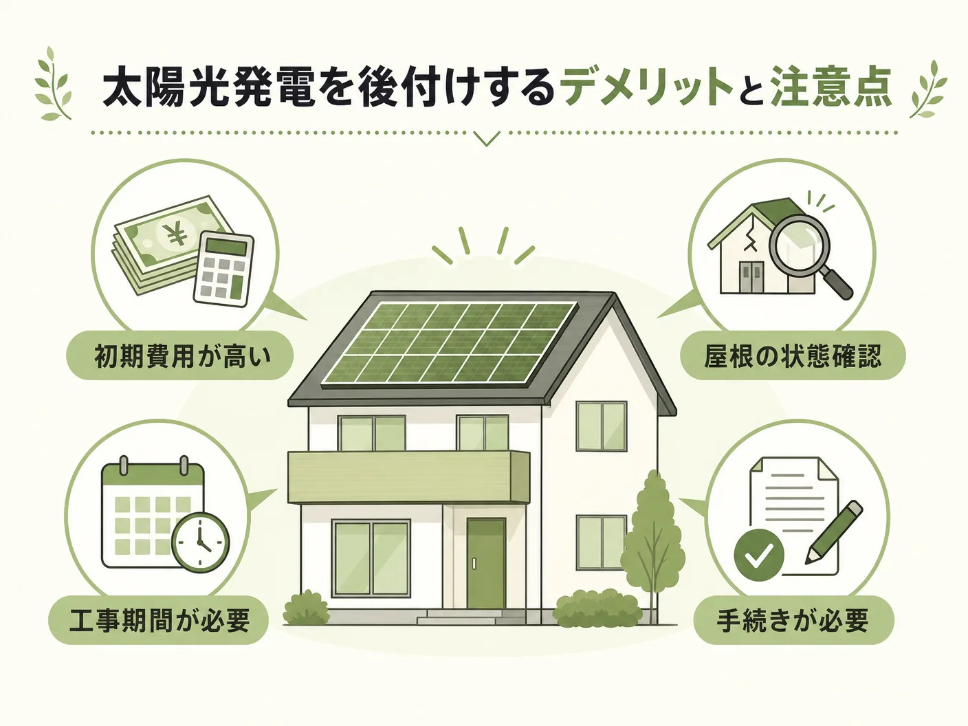 太陽光発電を後付けするデメリットと注意点を表す図解イラスト