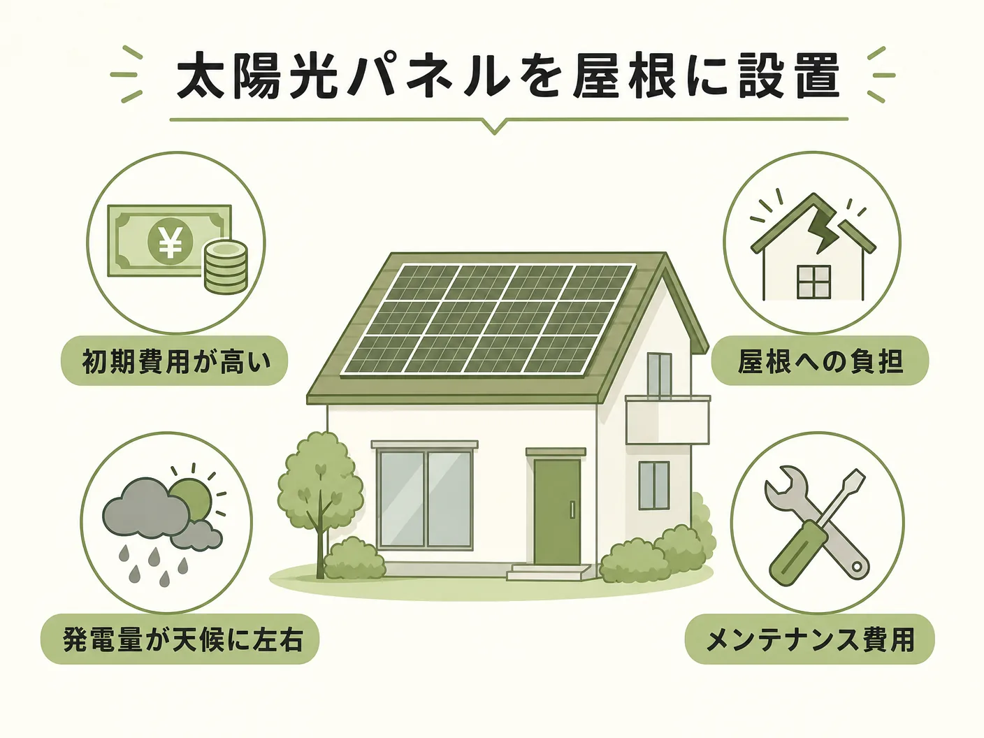 太陽光パネルを屋根に設置する主なデメリット一覧を表す図解イラスト