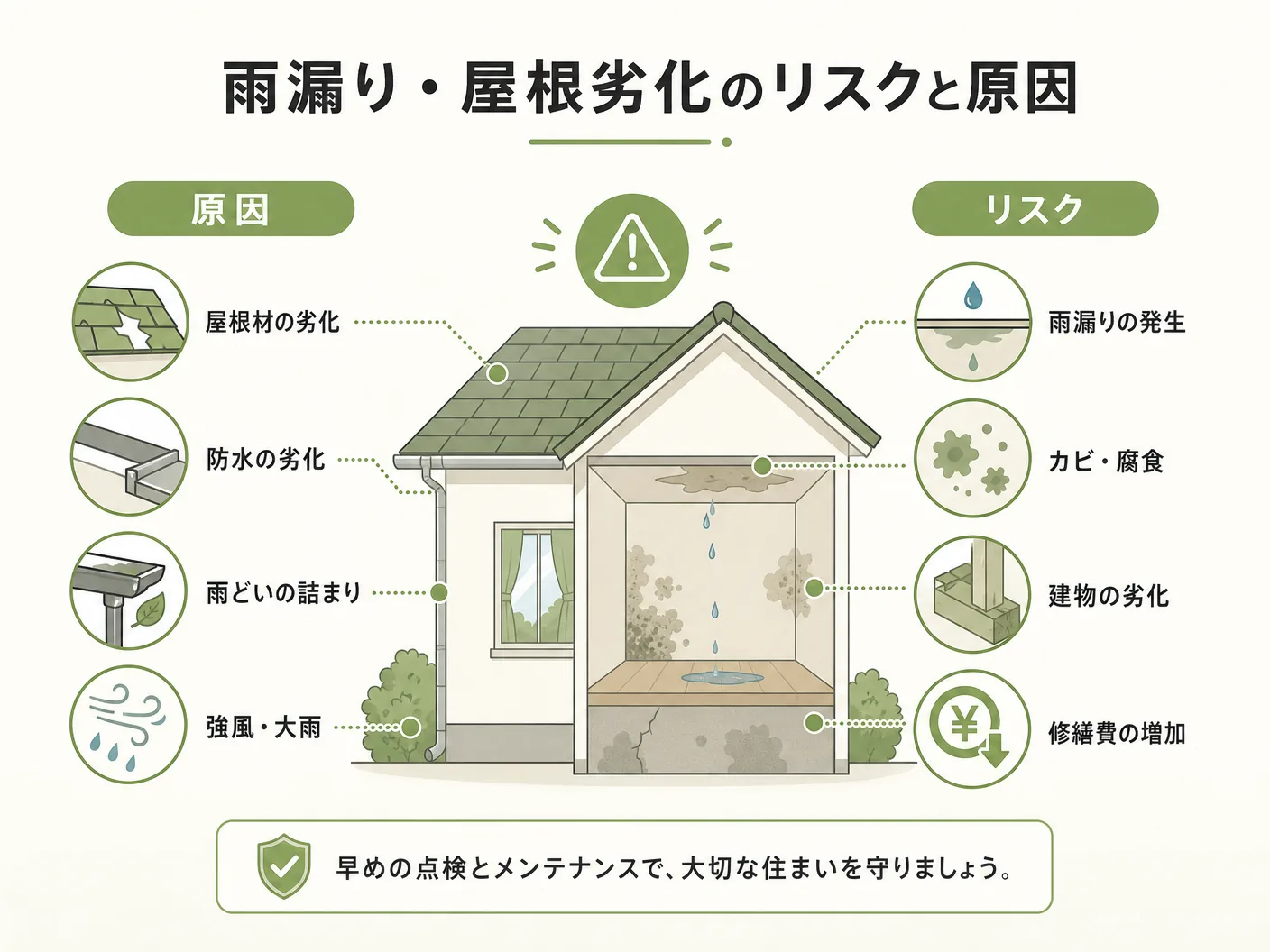 太陽光パネル デメリットの雨漏り・屋根劣化のリスクと原因を表す図解イラスト