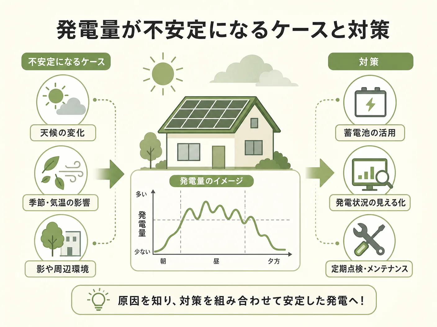太陽光パネル 屋根 デメリットの発電量が不安定になるケースと対策を表す図解イラスト
