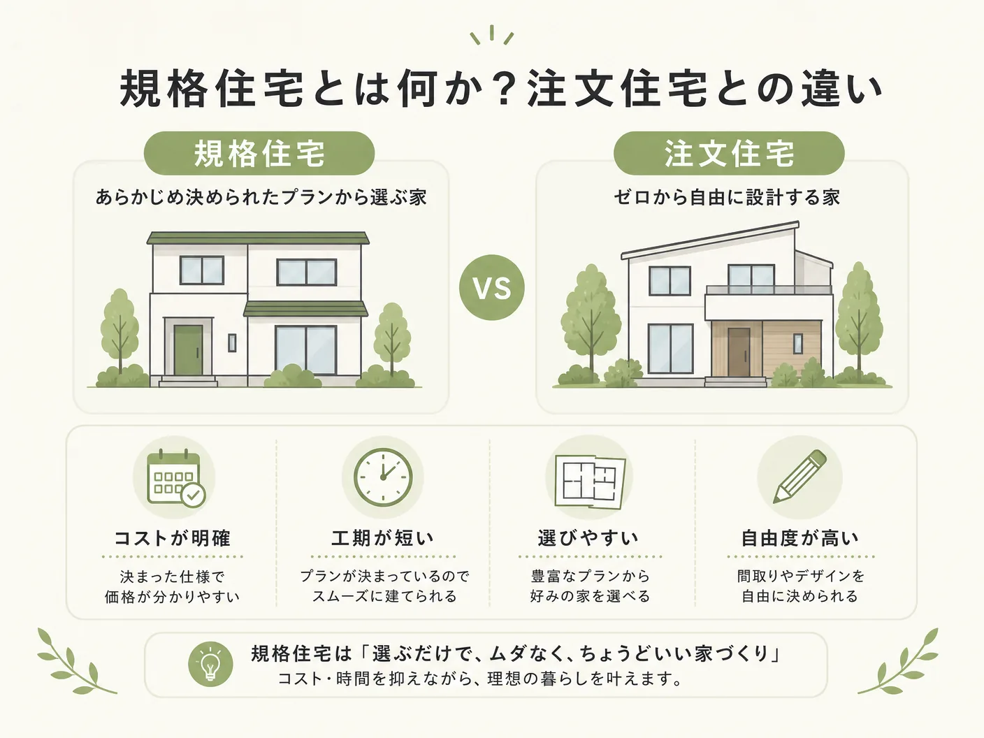 なぜ工務店は規格住宅に逃げるのか？の規格住宅とは何か？注文住宅との違いを表す図解イラスト