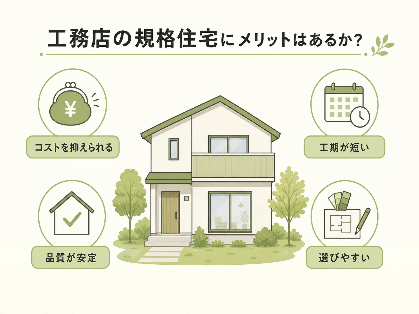 なぜ工務店は規格住宅に逃げるのか？の工務店の規格住宅にメリットはあるかを表す図解イラスト