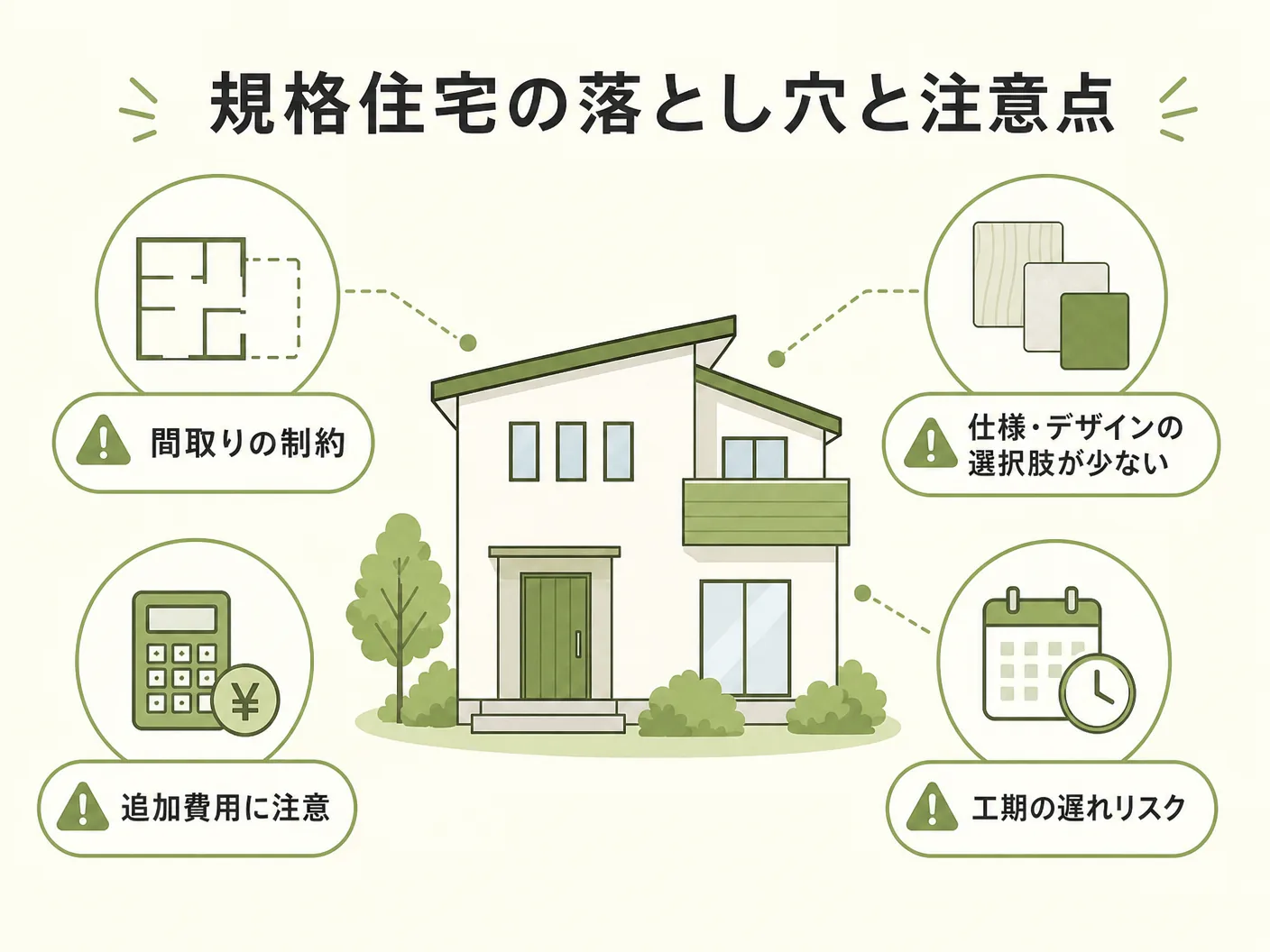 なぜ工務店は規格住宅に逃げるのか？の規格住宅の落とし穴と注意点を表す図解イラスト