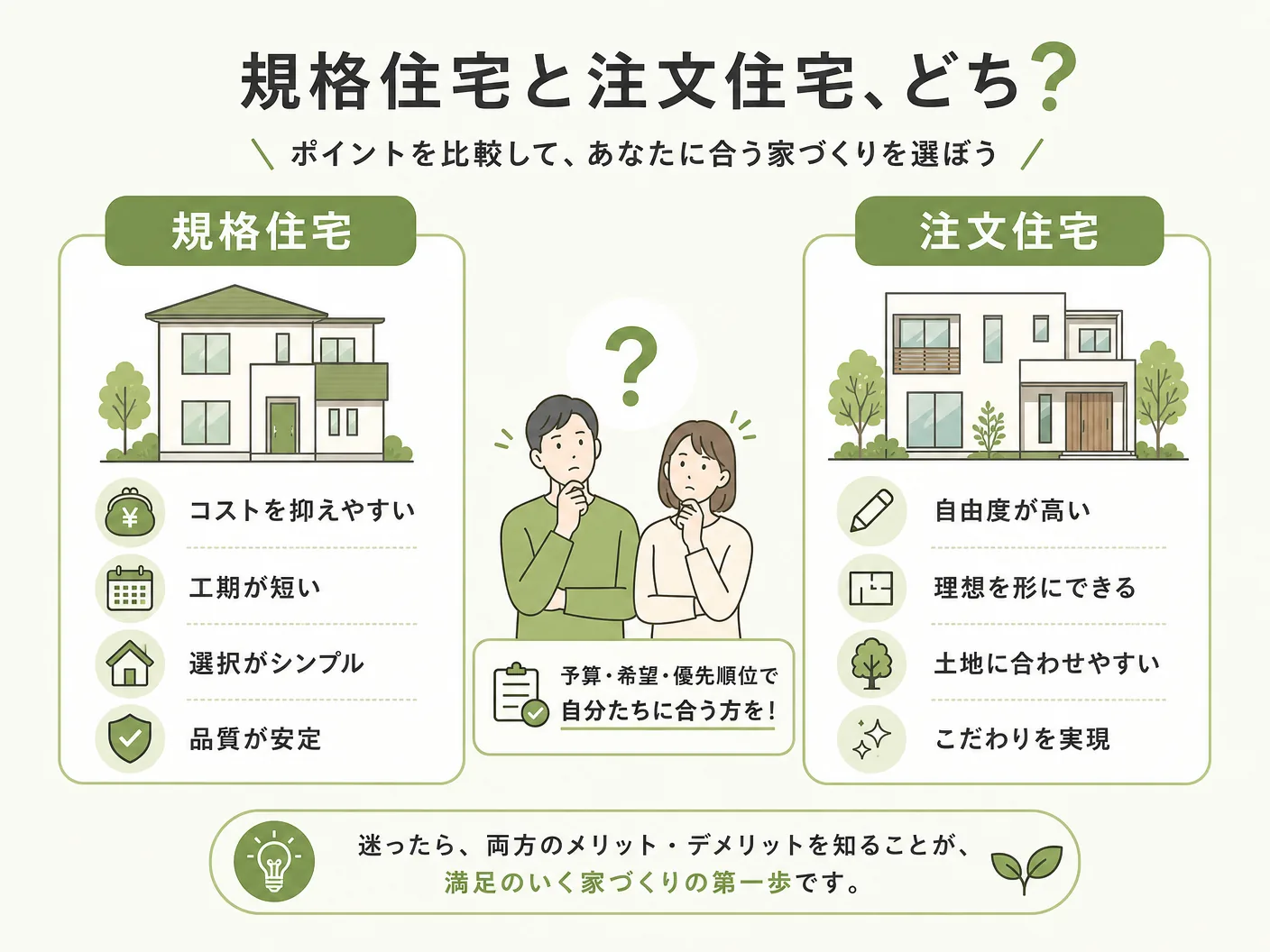 なぜ工務店は規格住宅に逃げるのか？の規格住宅と注文住宅、どちらを選ぶべきかを表す図解イラスト