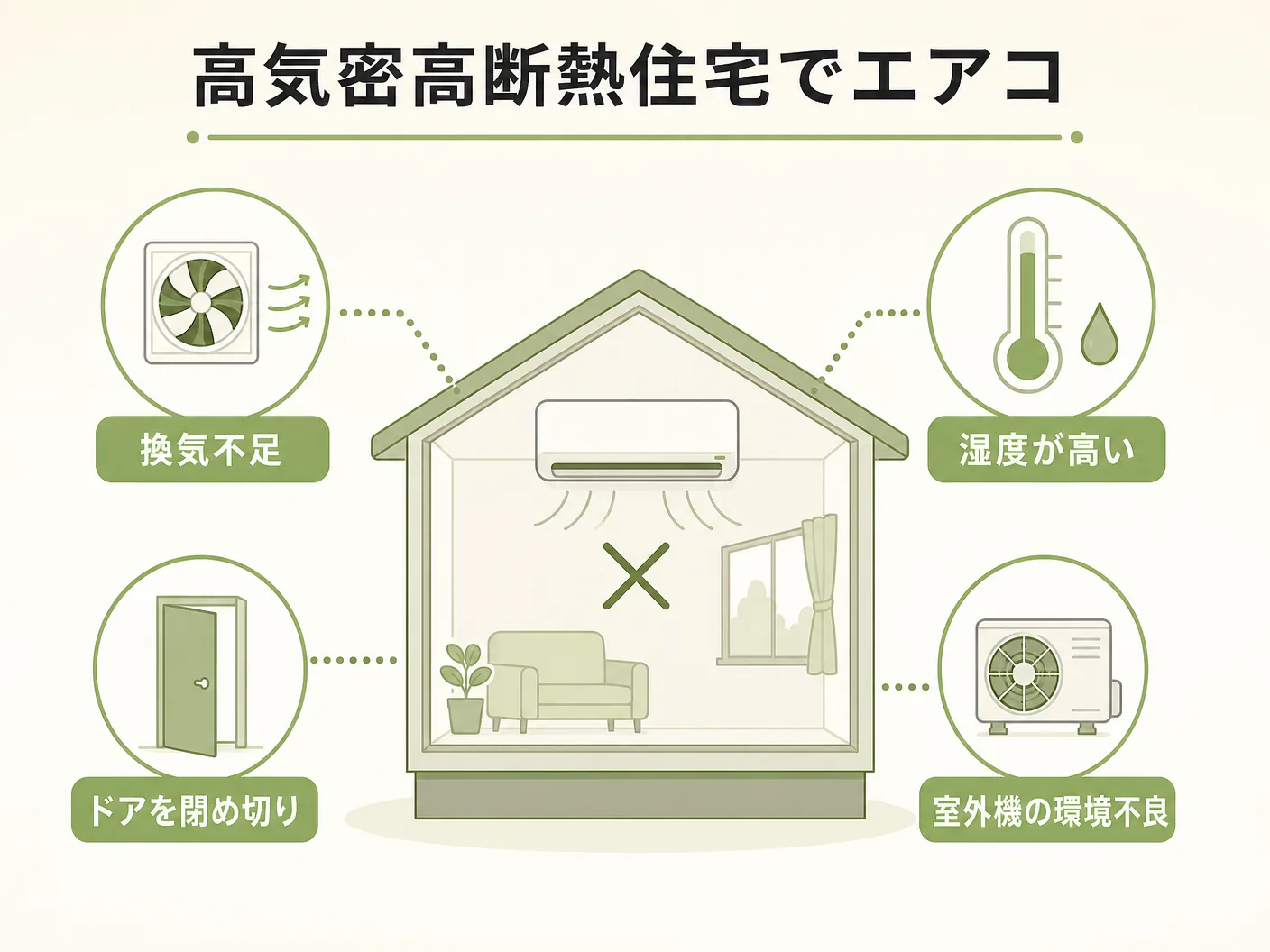効きの高気密高断熱住宅でエアコンが効かない主な原因を表す図解イラスト