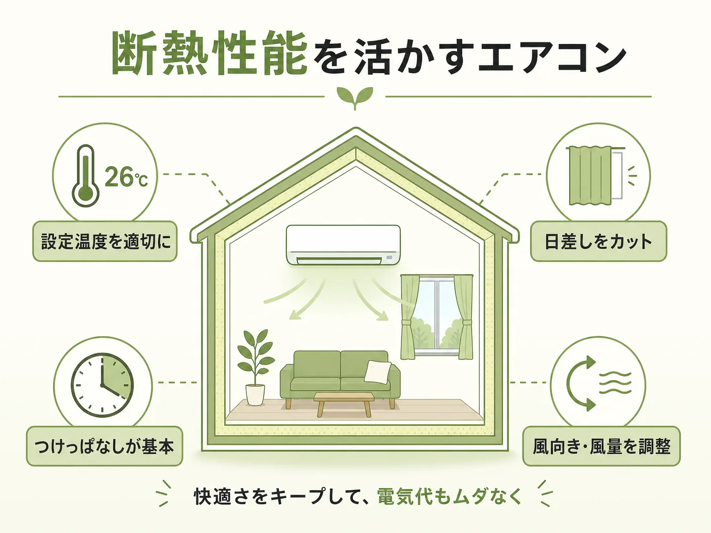 効きの断熱性能を活かすエアコンの上手な使い方を表す図解イラスト