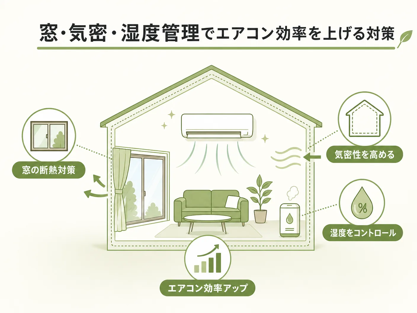 断熱 効きの窓・気密・湿度管理でエアコン効率を上げる対策を表す図解イラスト