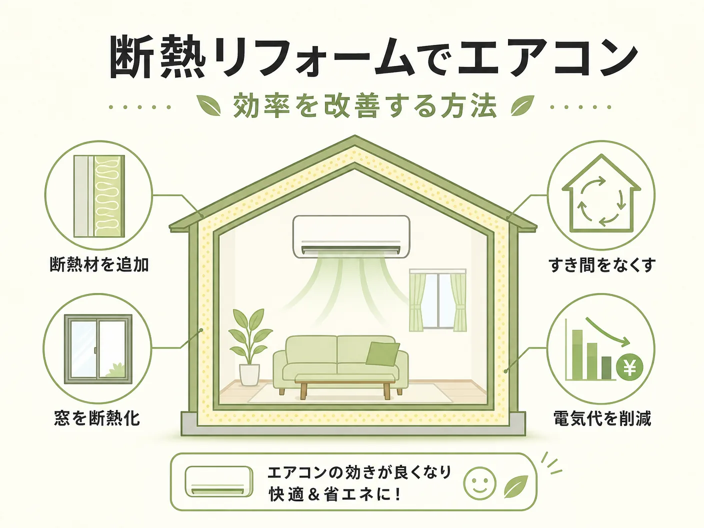 効きの断熱リフォームでエアコン効率を改善する方法を表す図解イラスト