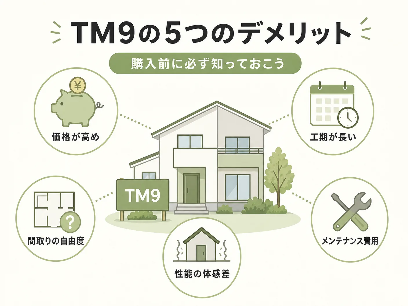 TM9芝生のデメリットと選び方のTM9の5つのデメリット｜購入前に必ず知っておこうを表す図解イラスト