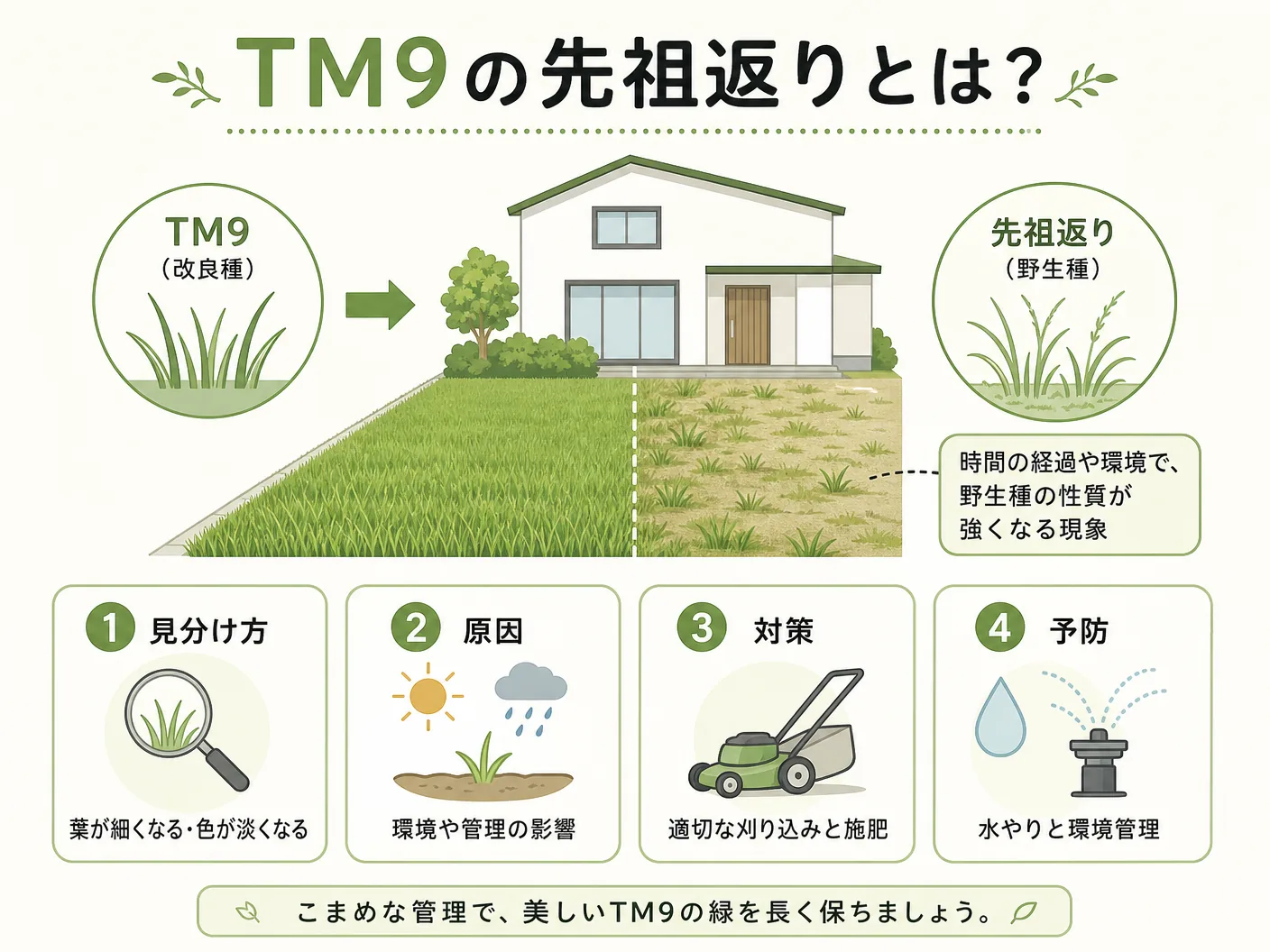 TM9芝生のデメリットと選び方のTM9の先祖返りとは？見分け方と対策を表す図解イラスト