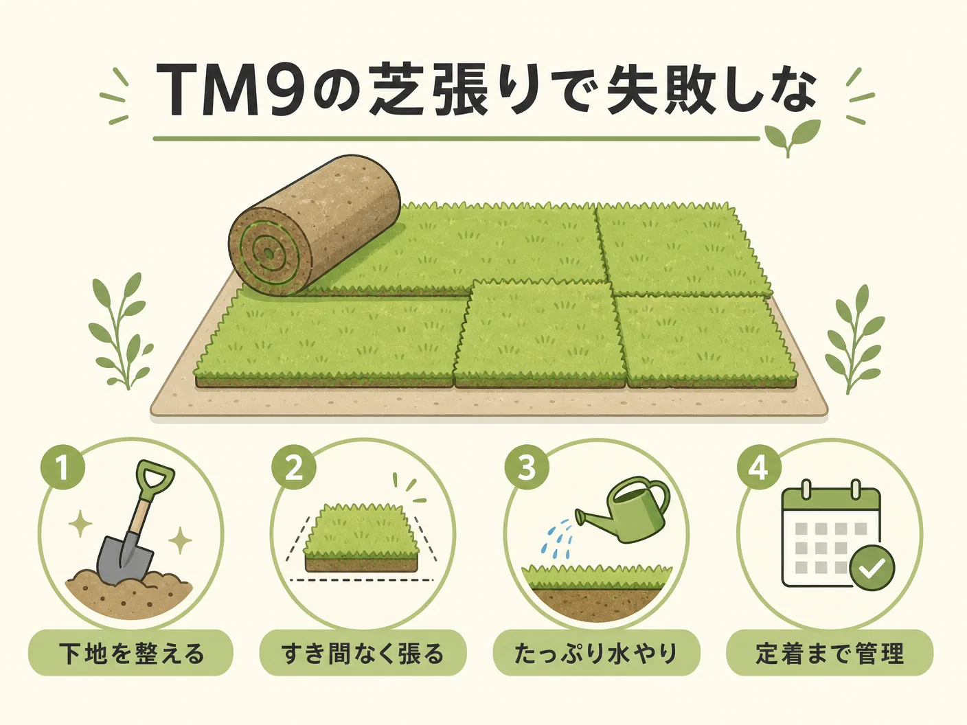 TM9芝生のデメリットと選び方のTM9の芝張りで失敗しないためのポイントを表す図解イラスト