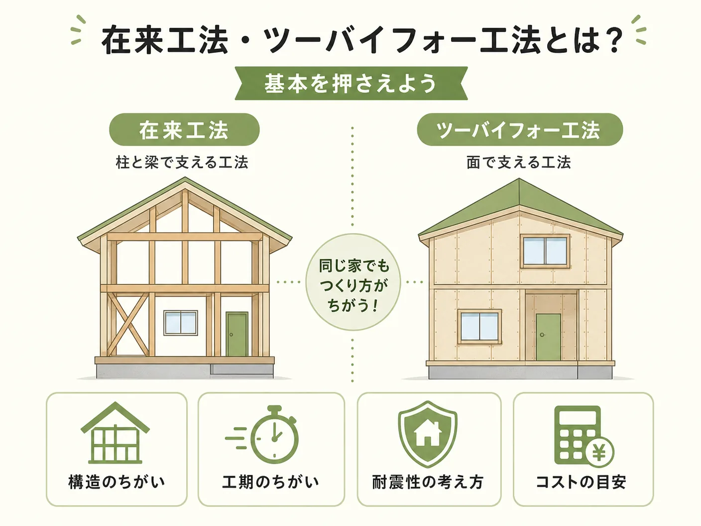 在来工法・ツーバイフォー工法とは?基本を押さえようを表す図解イラスト