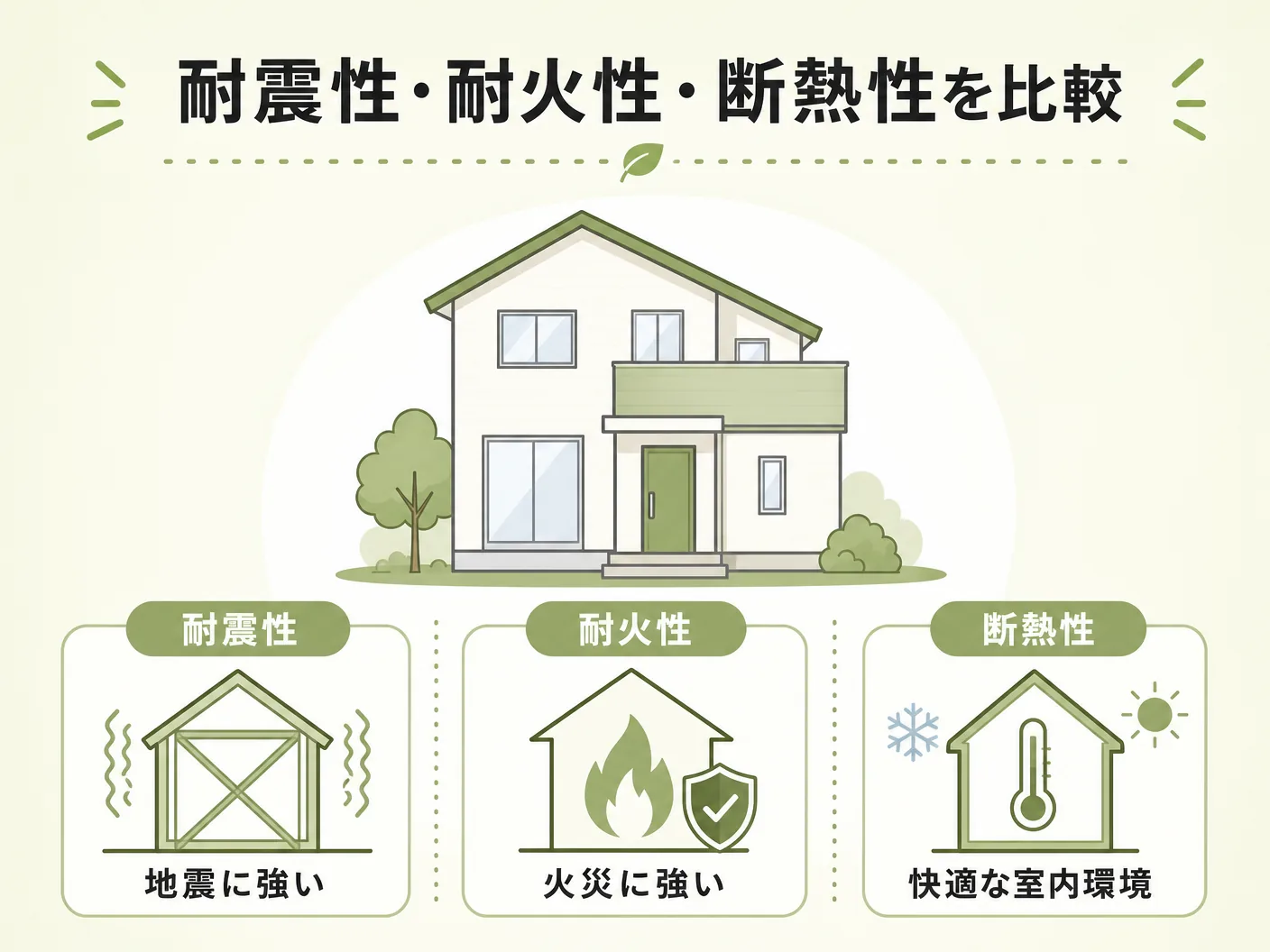 ツーバイフォー工法 在来工法の耐震性・耐火性・断熱性を比較を表す図解イラスト