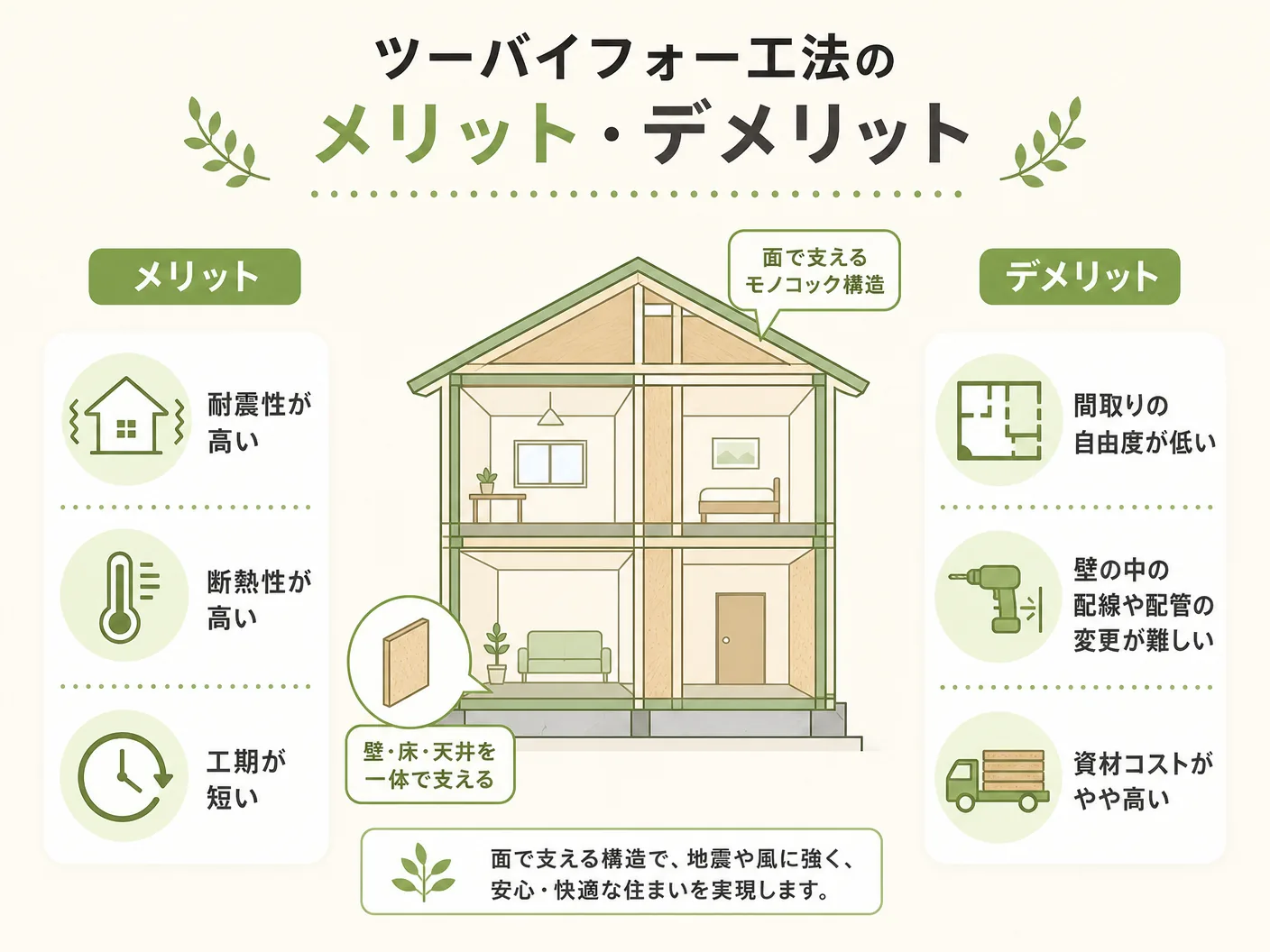 在来工法のツーバイフォー工法のメリット・デメリットを表す図解イラスト
