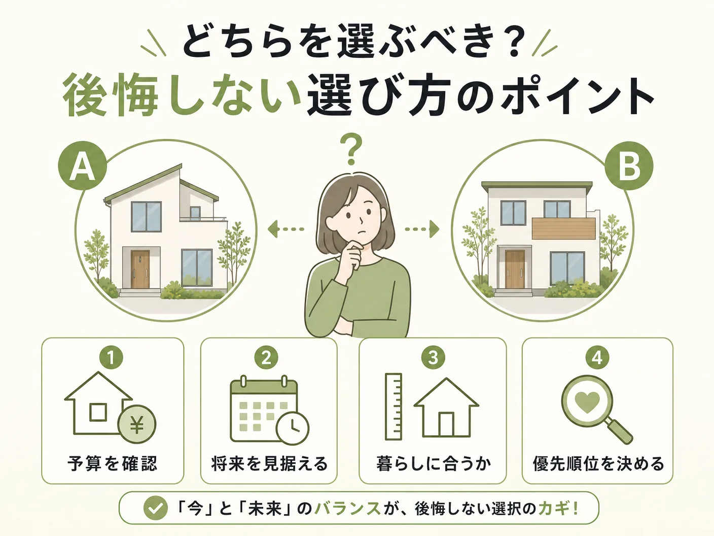 ツーバイフォー工法 在来工法のどちらを選ぶべき?後悔しない選び方のポイントを表す図解イラスト