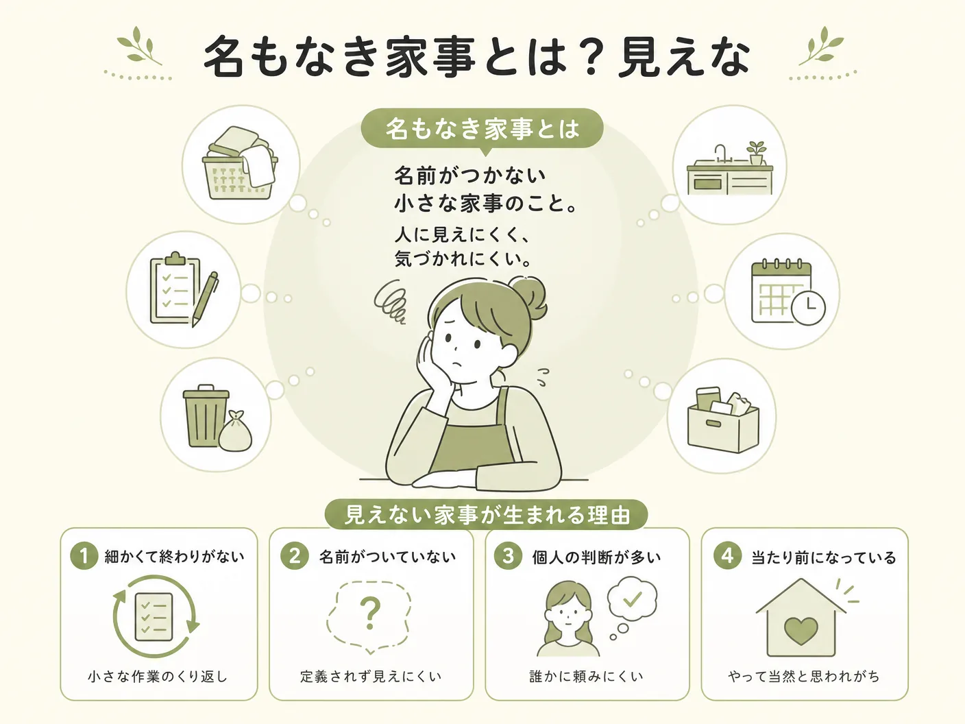 名もなき家事リストの名もなき家事とは?見えない家事が生まれる理由を表す図解イラスト