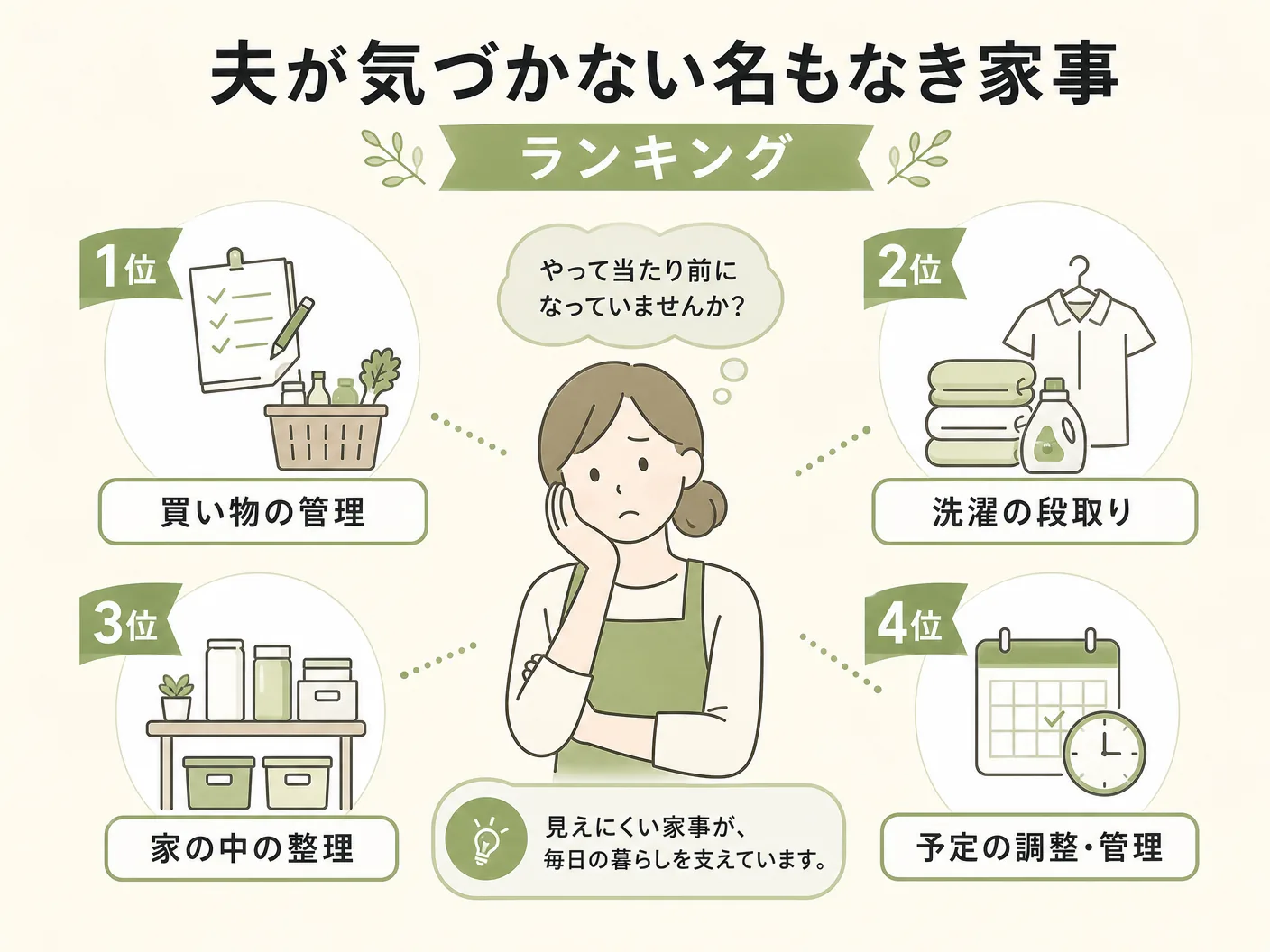 名もなき家事リストの夫が気づかない名もなき家事ランキングを表す図解イラスト