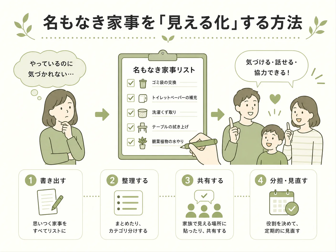 名もなき家事リストの名もなき家事を「見える化」する方法を表す図解イラスト
