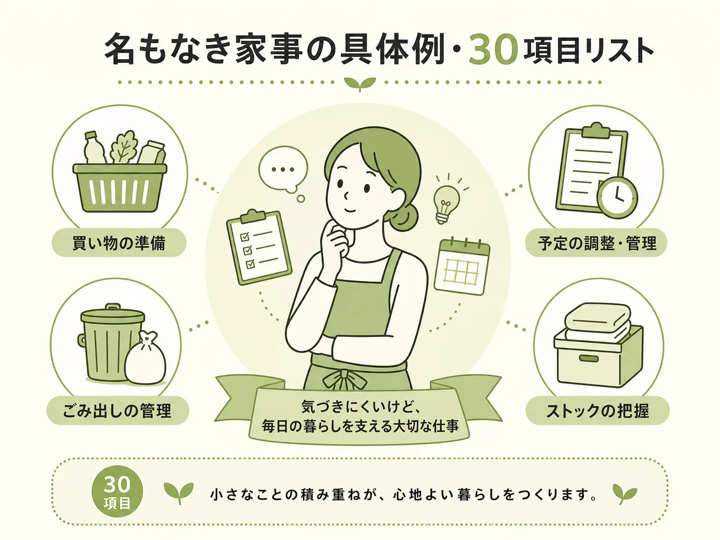 名もなき家事の具体例・30項目リストを表す図解イラスト