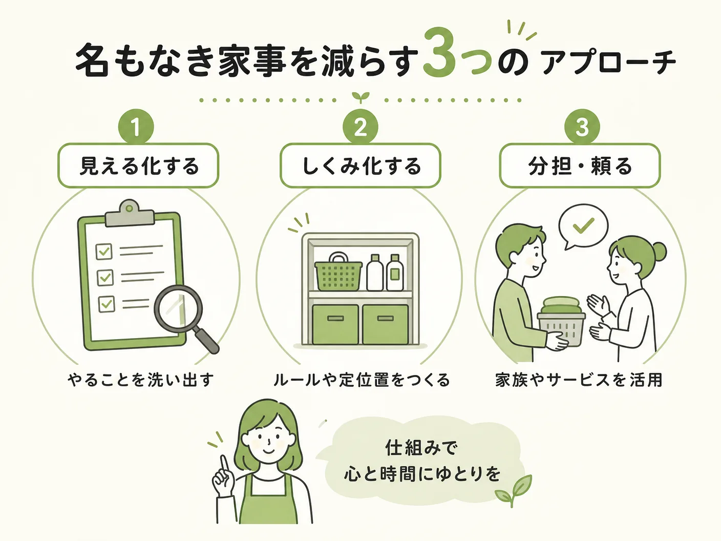 名もなき家事を減らす3つのアプローチを表す図解イラスト