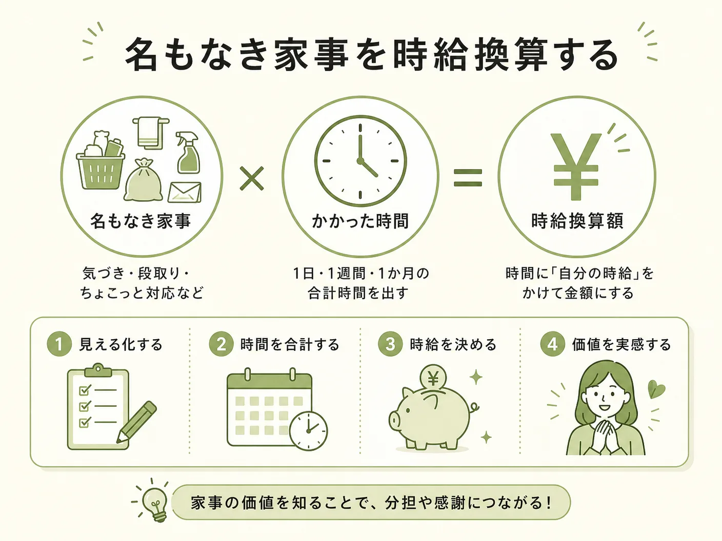 名もなき家事を時給換算するといくら?を表す図解イラスト