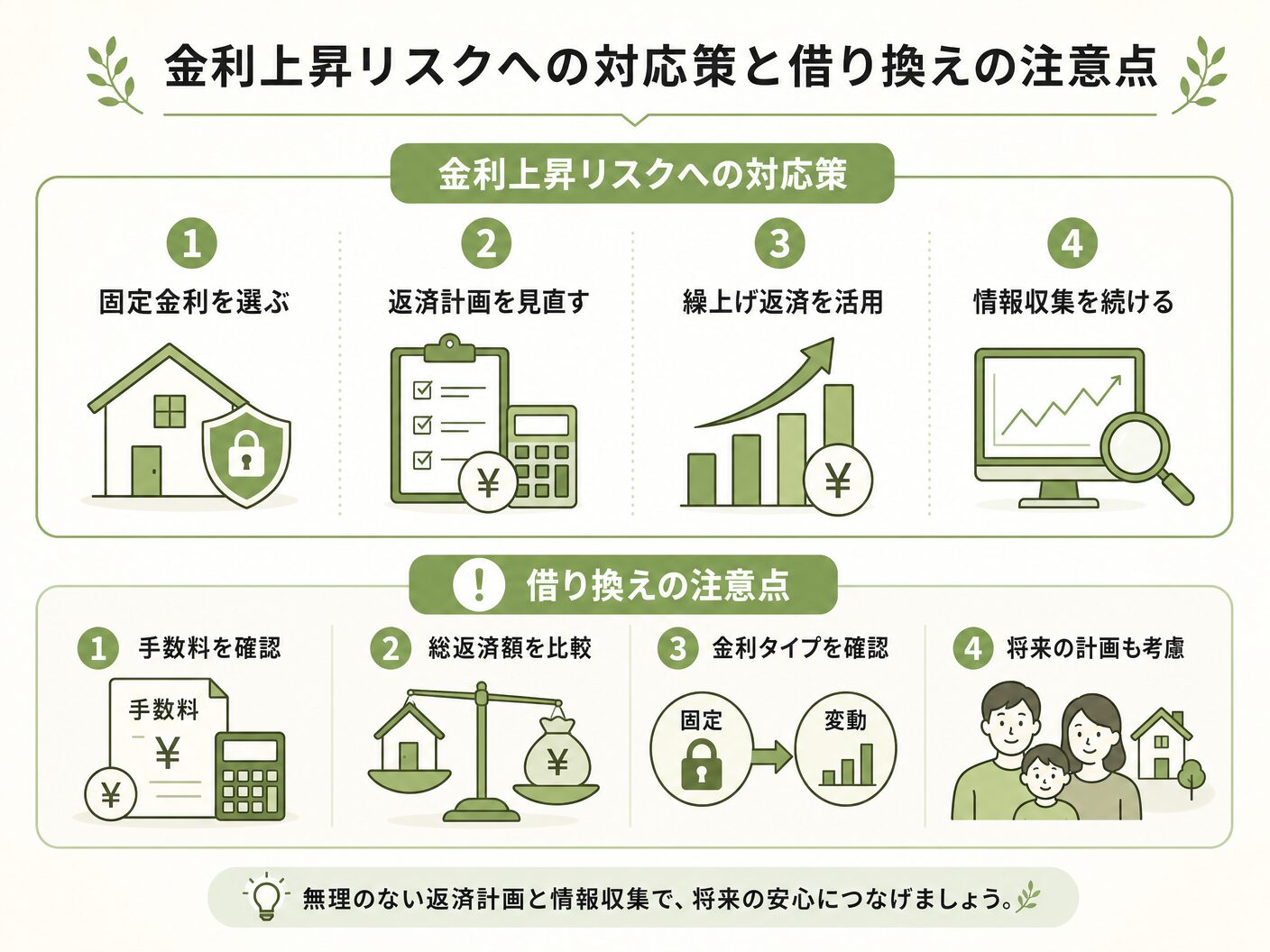 変動金利 固定金利 どっち 選ぶの金利上昇リスクへの対応策と借り換えの注意点を表す図解イラスト