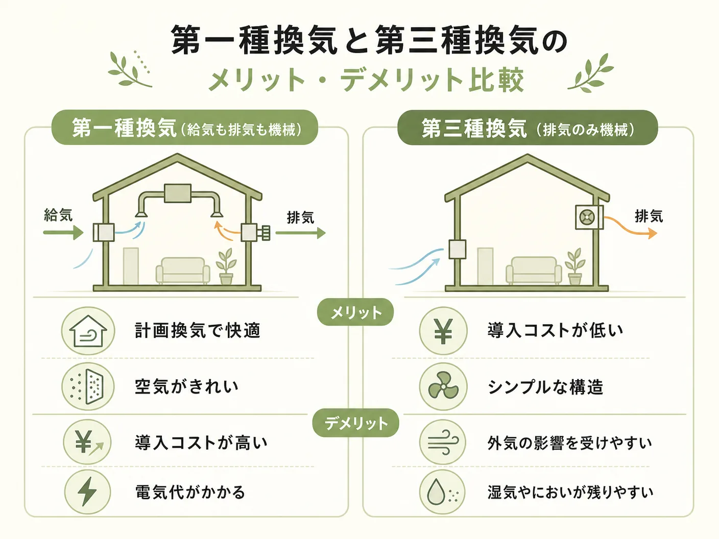 どっちの第一種換気と第三種換気のメリット・デメリット比較を表す図解イラスト