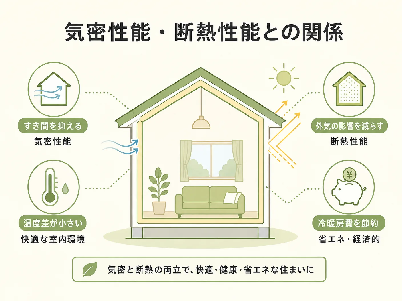 第一種換気 第三種換気 どっちの気密性能・断熱性能との関係を表す図解イラスト