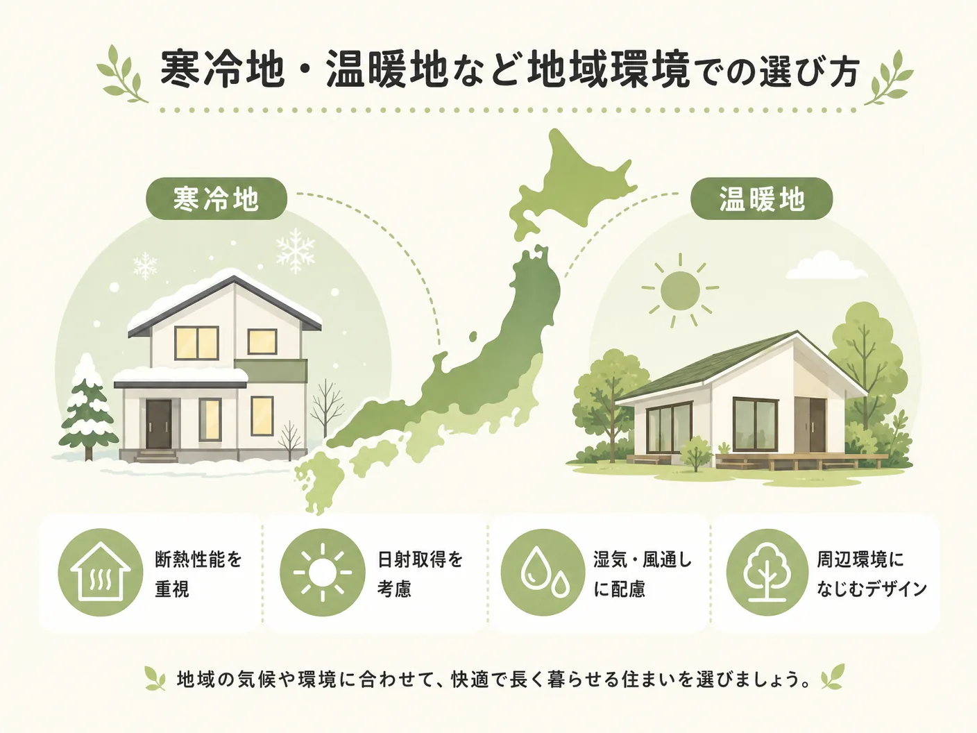 第一種換気 第三種換気 どっちの寒冷地・温暖地など地域環境での選び方を表す図解イラスト