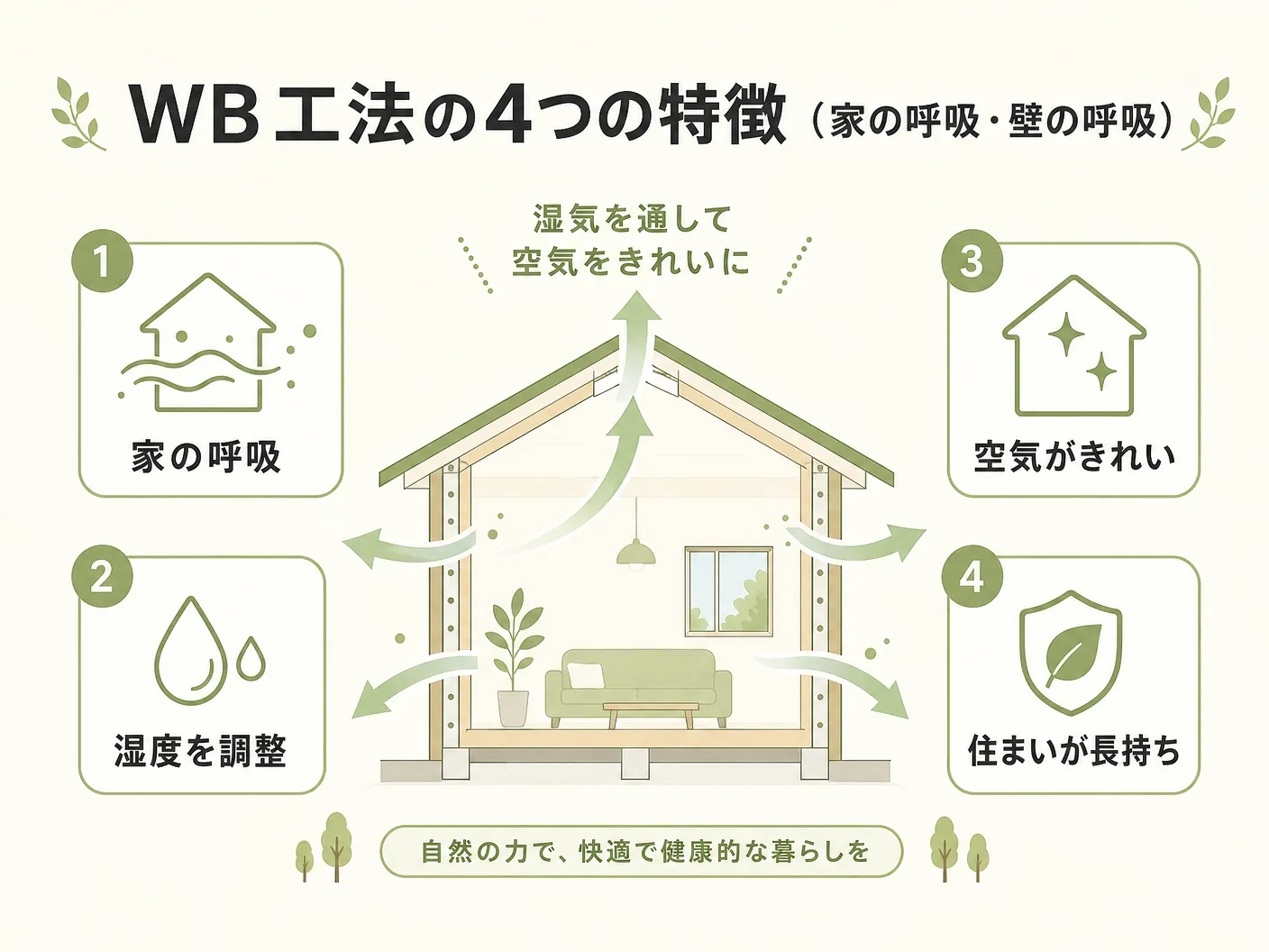メリット デメリットのWB工法の4つの特徴(家の呼吸・壁の呼吸)を表す図解イラスト