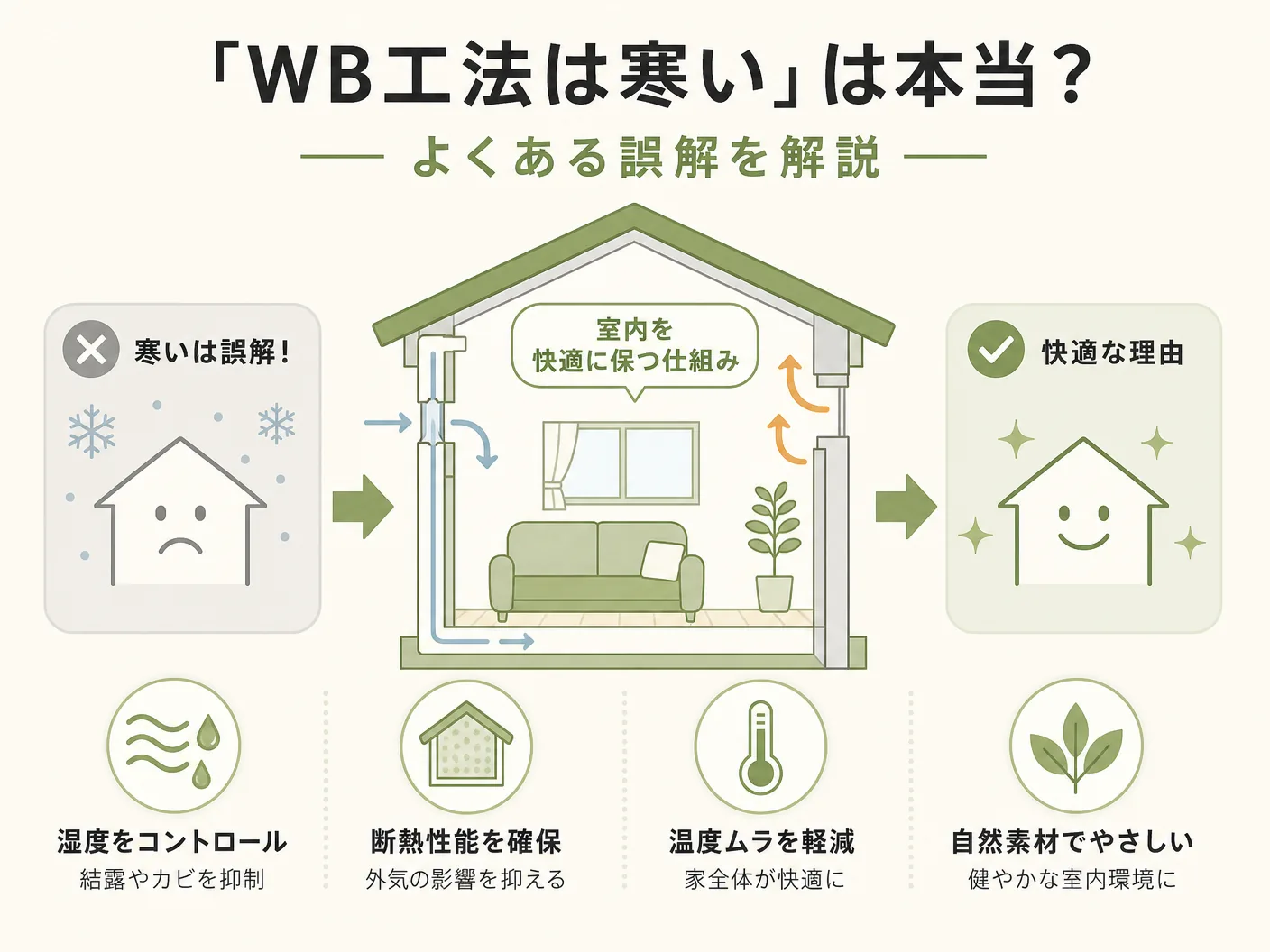 メリット デメリットの「WB工法は寒い」は本当か?よくある誤解を解説を表す図解イラスト