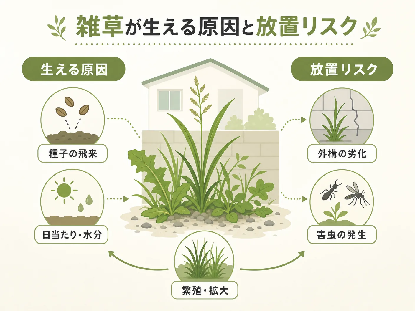 対策の雑草が生える原因と放置リスクを表す図解イラスト