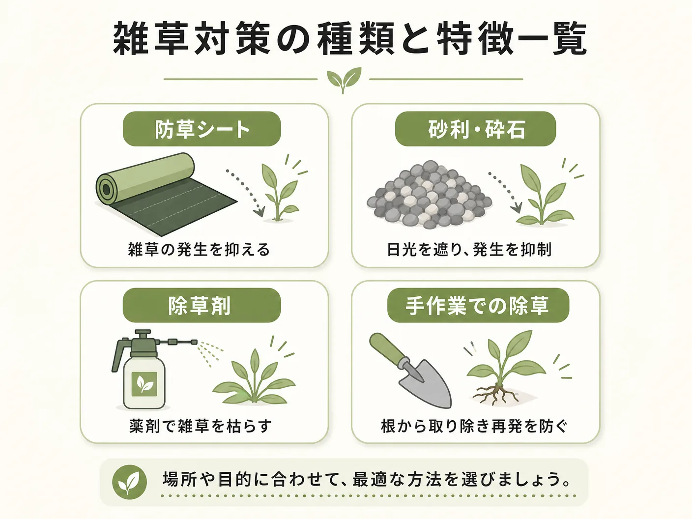 雑草対策の種類と特徴一覧を表す図解イラスト