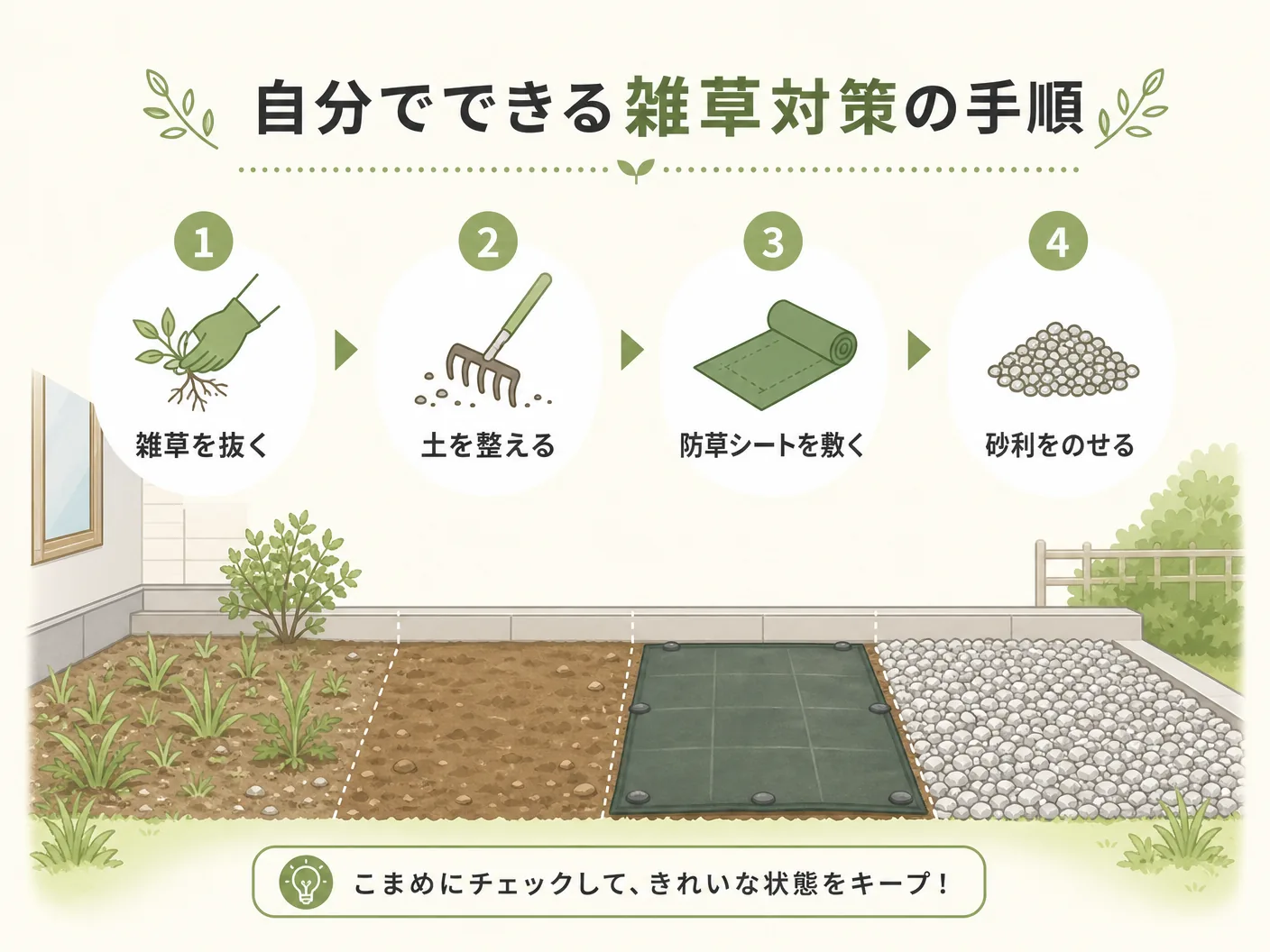 自分でできる雑草対策の手順を表す図解イラスト