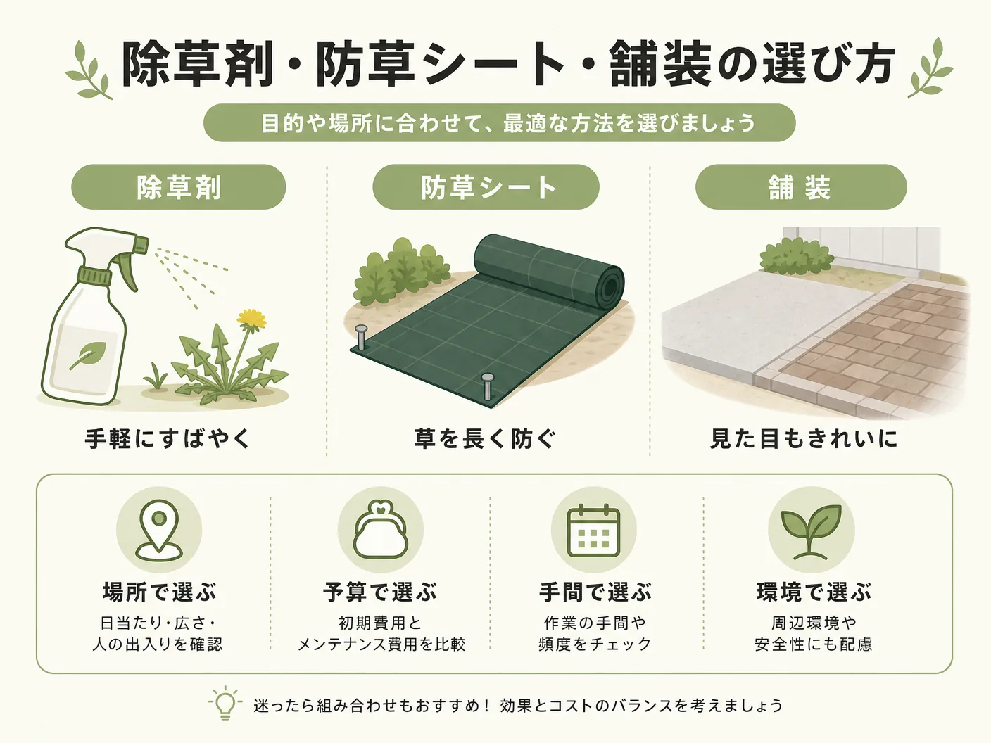 雑草 対策の除草剤・防草シート・舗装の選び方を表す図解イラスト