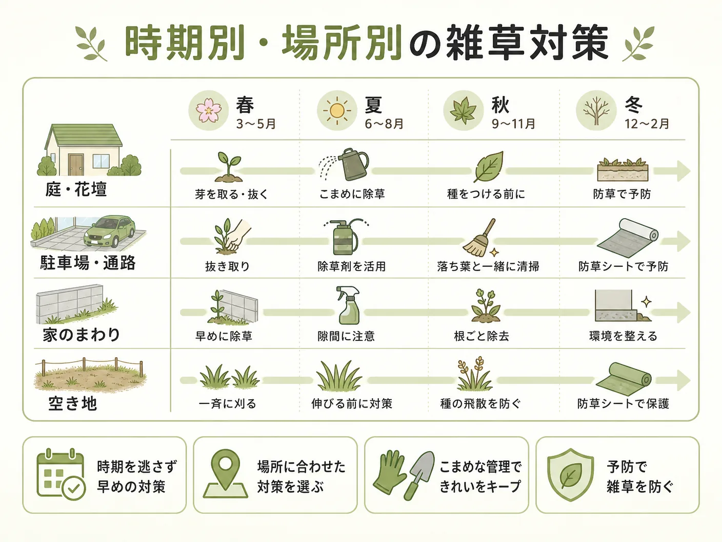 時期別・場所別の雑草対策カレンダーを表す図解イラスト