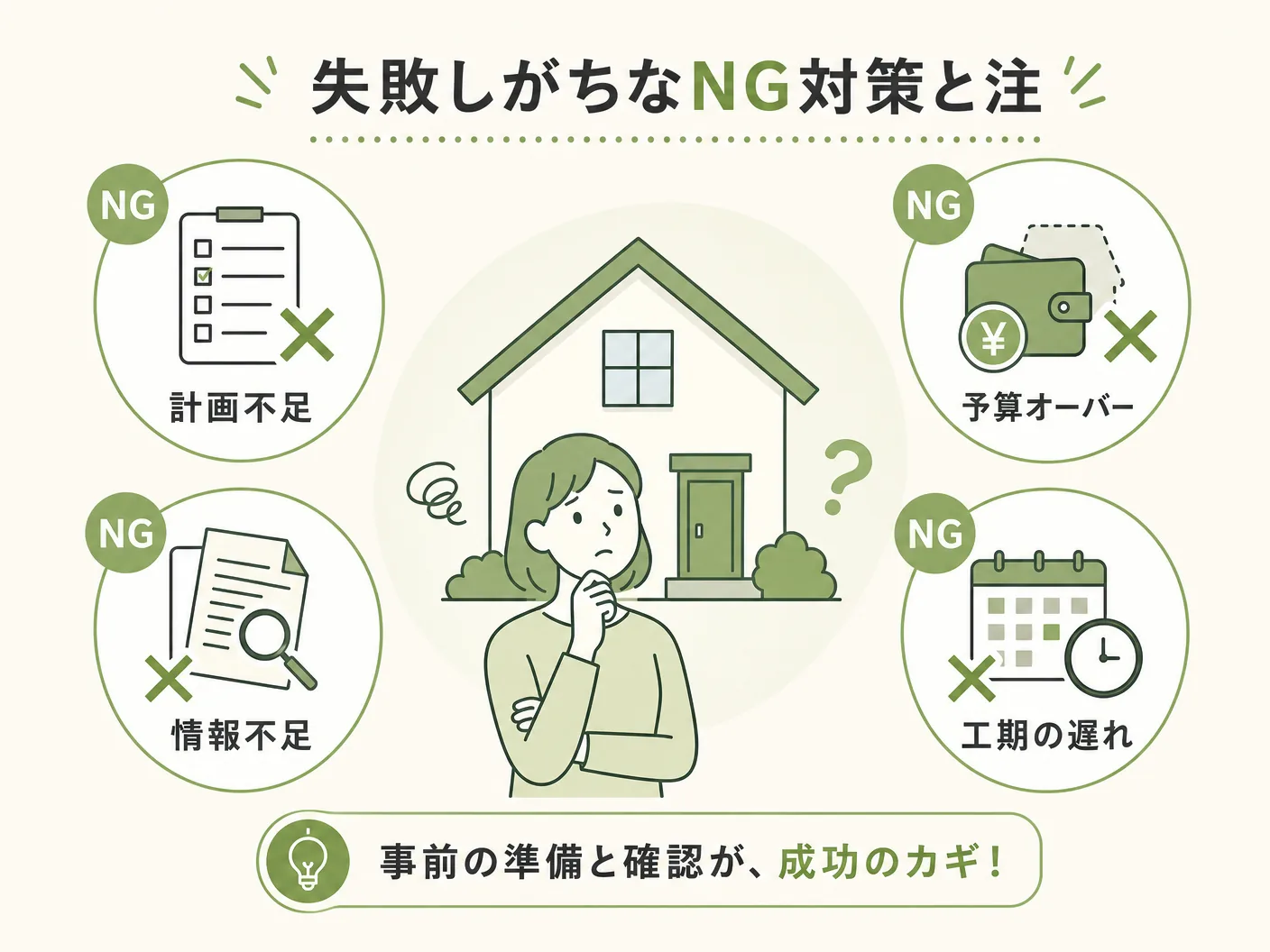 雑草の失敗しがちなNG対策と注意点を表す図解イラスト