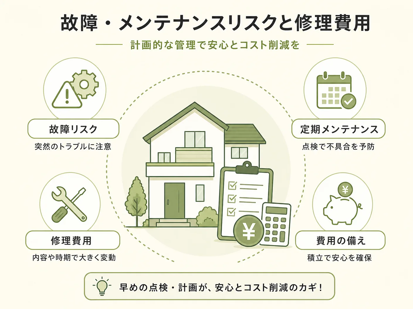 全館空調 デメリットの故障・メンテナンスリスクと修理費用を表す図解イラスト
