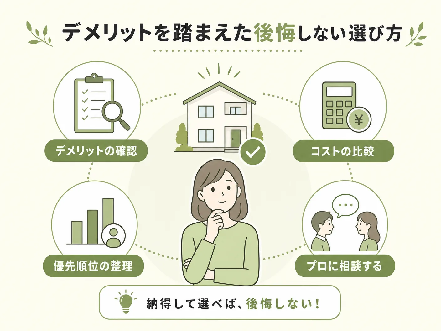 全館空調のデメリットを踏まえた後悔しない選び方を表す図解イラスト