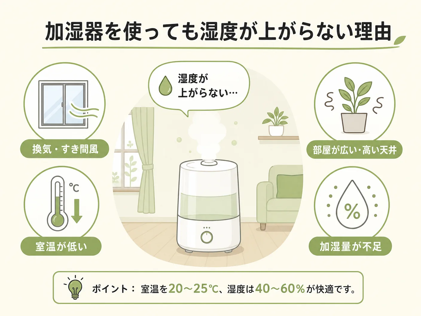 冬の加湿器を使っても湿度が上がらない理由を表す図解イラスト
